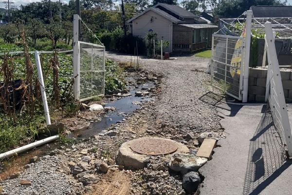 ▲해당지역 뒷모습. 땅 소유주 정氏가 우수로 파손을 위해 파헤쳤고, 현재는 훼손된 노면을 복구해 노면 위로 물이 흐르고 있다. 우측에는 “오·우수관 철거예정, 개인사유지 통과불가”라는 노란 현수막이 붙어 있다.(@경인신문)