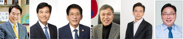 (좌측부터) 백군기 용인시장, 김민기 의원, 김기준 용인시의회 의장, 이건한 용인시 의원, 현근택 변호사, 이화영 더불어민주당 용인갑 지역위원장