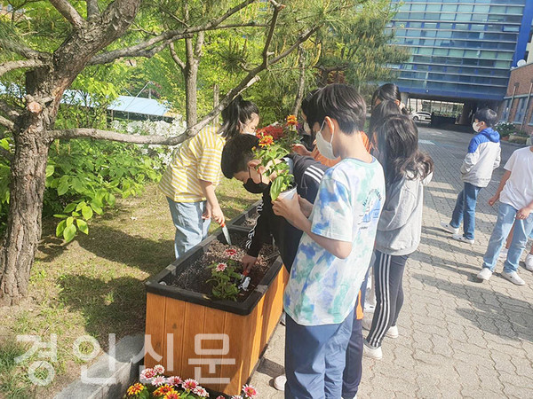 대청초학생들의 꿈이 영그는 행복 텃밭 가꾸기 모습