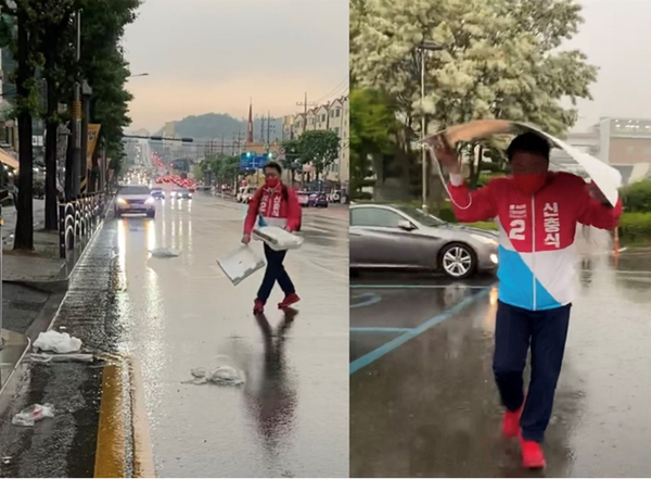 ▲ 사진=18일 오전 인천 서구청 앞 도로(왼쪽)와 검암역 인근 주차장(오른쪽)에서 신충식 국민의힘 인천시의원(서구 제4선거구) 후보가 스티로폼과 합판을 줍고 있다