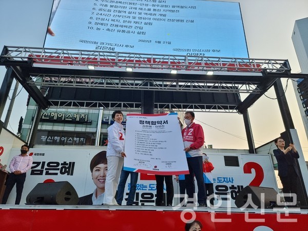                                                 ▲정책협약서를 들어보이고 있는 김은혜 도지사 후보와 이영찬 안성시장 후보