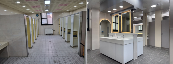 ▲삼산중학교 디자인크리에이터와 학생, 교직원 등 사용자 중심으로 노후 화장실 새디자인으로 설계,