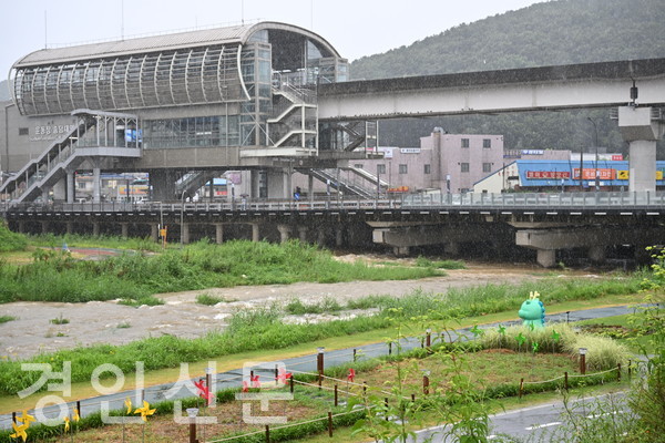 용인시가 제6호 태풍 카눈의 영향권에 들었다. 이번 태풍은 오늘 밤 9시경 용인을 지나갈 것으로 보인다. 사진은 폭우로 인해 물이 불어난 오늘 12시 20분경 용인에버라인 운동장, 송담대 역 앞 경안천 일대.