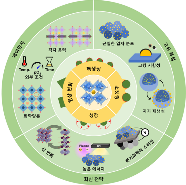          ▲페로브스카이트 산화물 소재의 나노입자 용출 메커니즘, 제어인자, 고유 특성, 최신전략에 대한 모식도,        