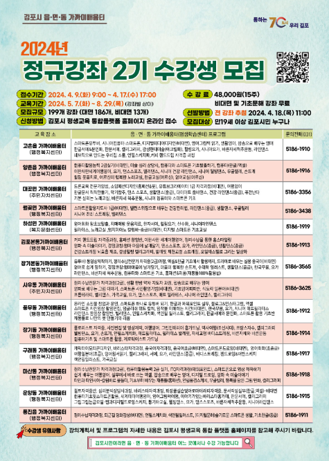                    ▲ 김포시 2024년 정규강좌 2기 수강생 모집 포스터,