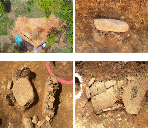      ▲사진 위 왼쪽부터  1, 발굴조사 전체  2. 갈돌 3. 갈판과 빗살무늬토기 4. 빗살무늬 토기