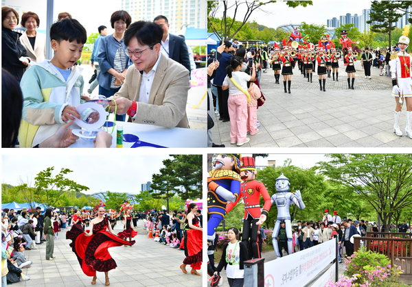 ▲김병수 시장이 어린이 눈높이를 맞추며 소통하고 있다. ▲가족 단위로 찾은 시민과 관람객들은 호수공원에서 열린 기념식을 시작으로 고적대, 에어아바타, 김포시민가족 등이 참여한 화려한 퍼레이드에 큰 박수를 보냈다. 