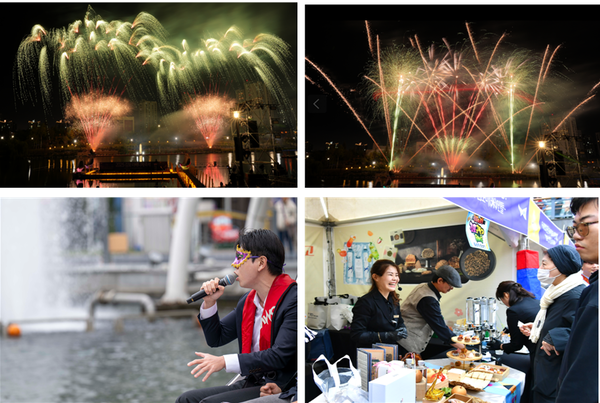 ▲사진위에 불꽃쇼, 함박웃음을 짓는 상인들,
