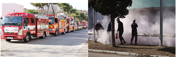 ▲공단소방서 긴급구조지휘대의 통합 지휘에 따라 합동으로 인명 구조 및 화재 진압 작전을 전개,